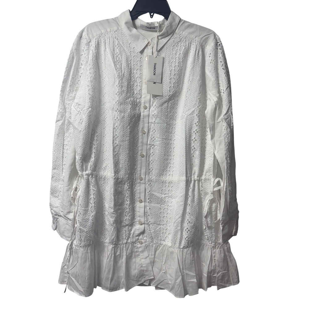 Thakoon NEW Eyelet Button Up Tunic Mini Shirt Dress White Size 12